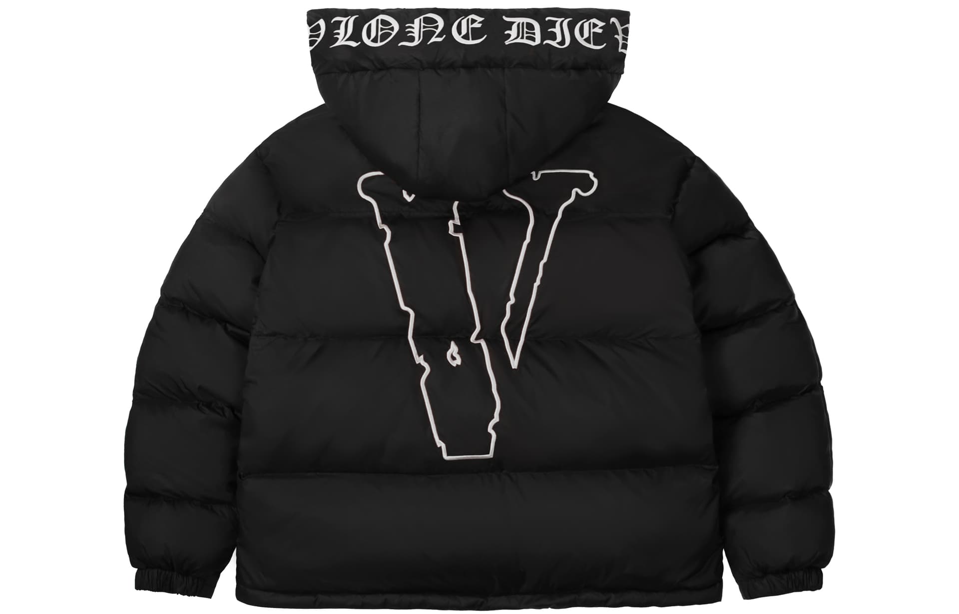 VLONE Slogan Logo Detachable Hood Puffer Jacket Black White
