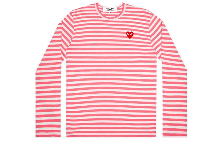 CDG Play Striped Heart Long Sleeve Tee Pink