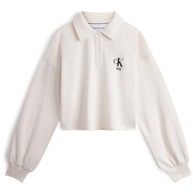 Calvin Klein Flocked Letter Polo Sweatshirt Milk White