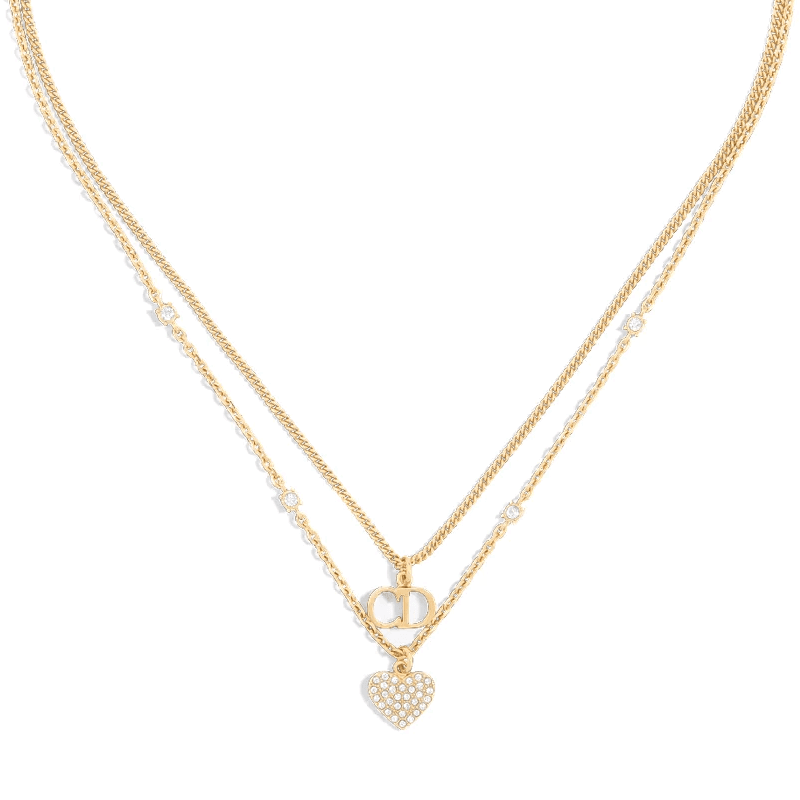 DIOR Double Chain Heart Pendant Necklace Gold