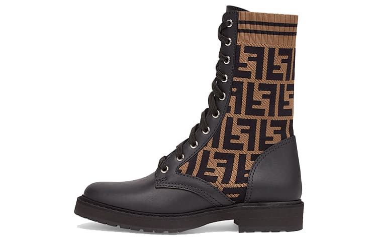 FENDI/芬迪 Fendi FF Motif Leather Biker Boots Black