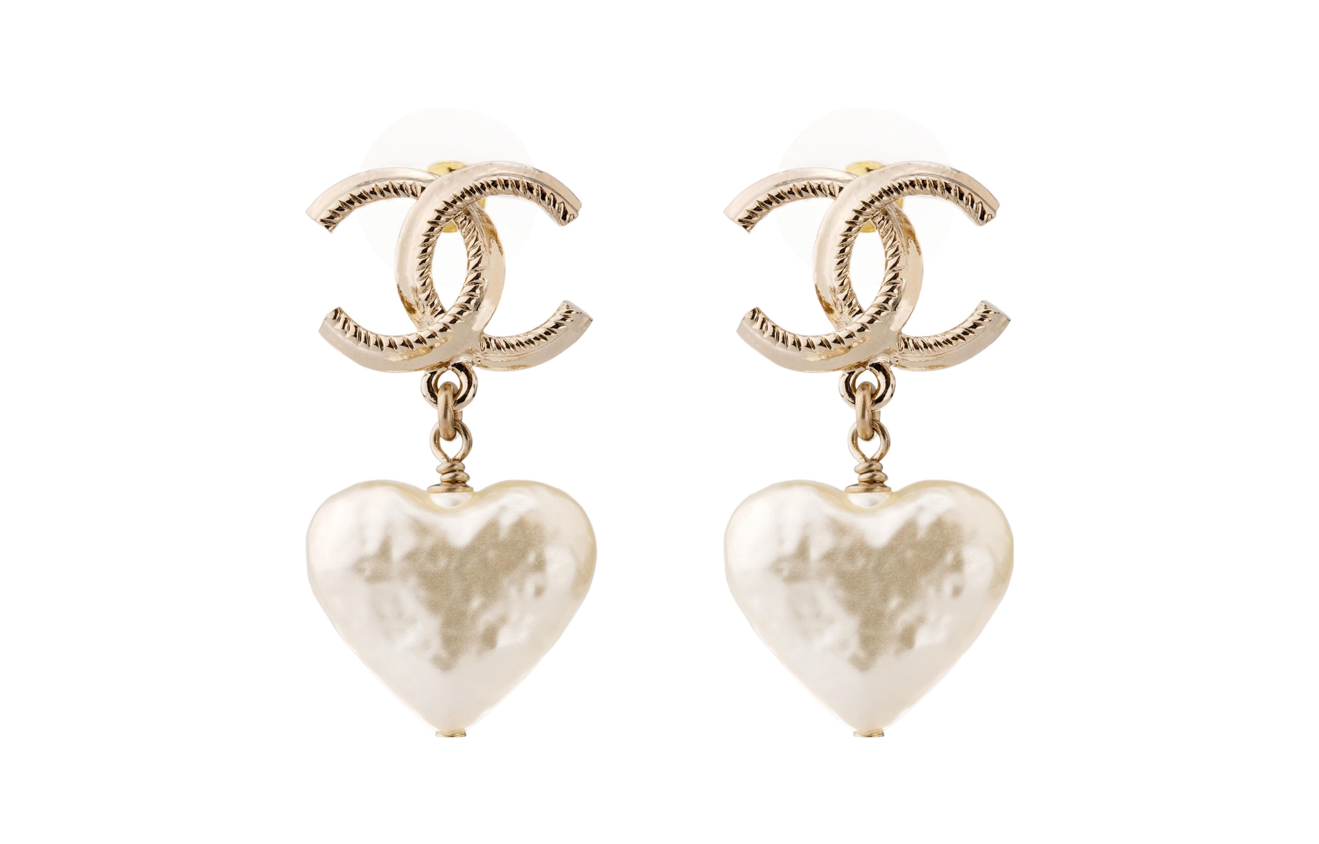 CHANEL Double C Logo Pearl Heart Earrings Gold