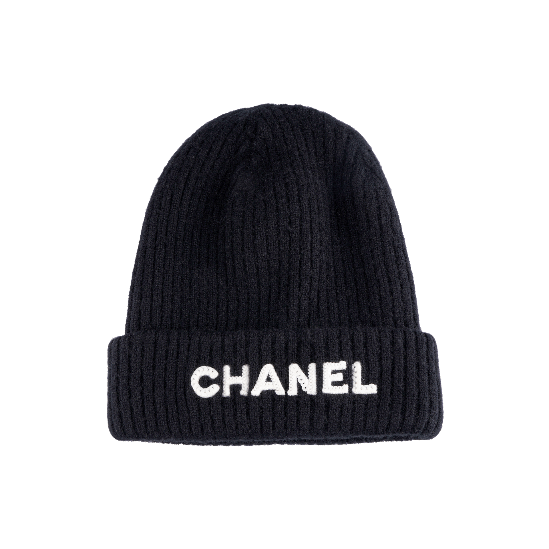 CHANEL Sequin Letter Knit Cashmere Beanie Black