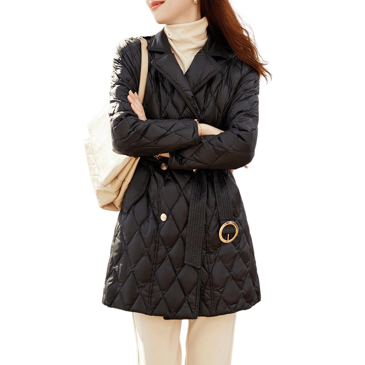【dme】 气质纯色菱格腰带高收腰显高显瘦羽绒服 女款 黑色