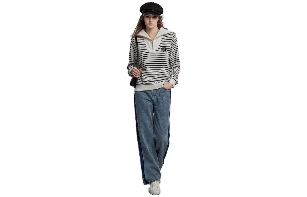 【dme】 休闲条纹海军领卫衣 女款 米白