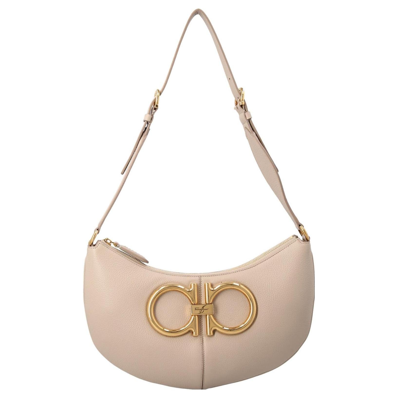 FERRAGAMO/菲拉格慕 Ferragamo Vintage Large Metal Trim Leather Tote Bag Beige