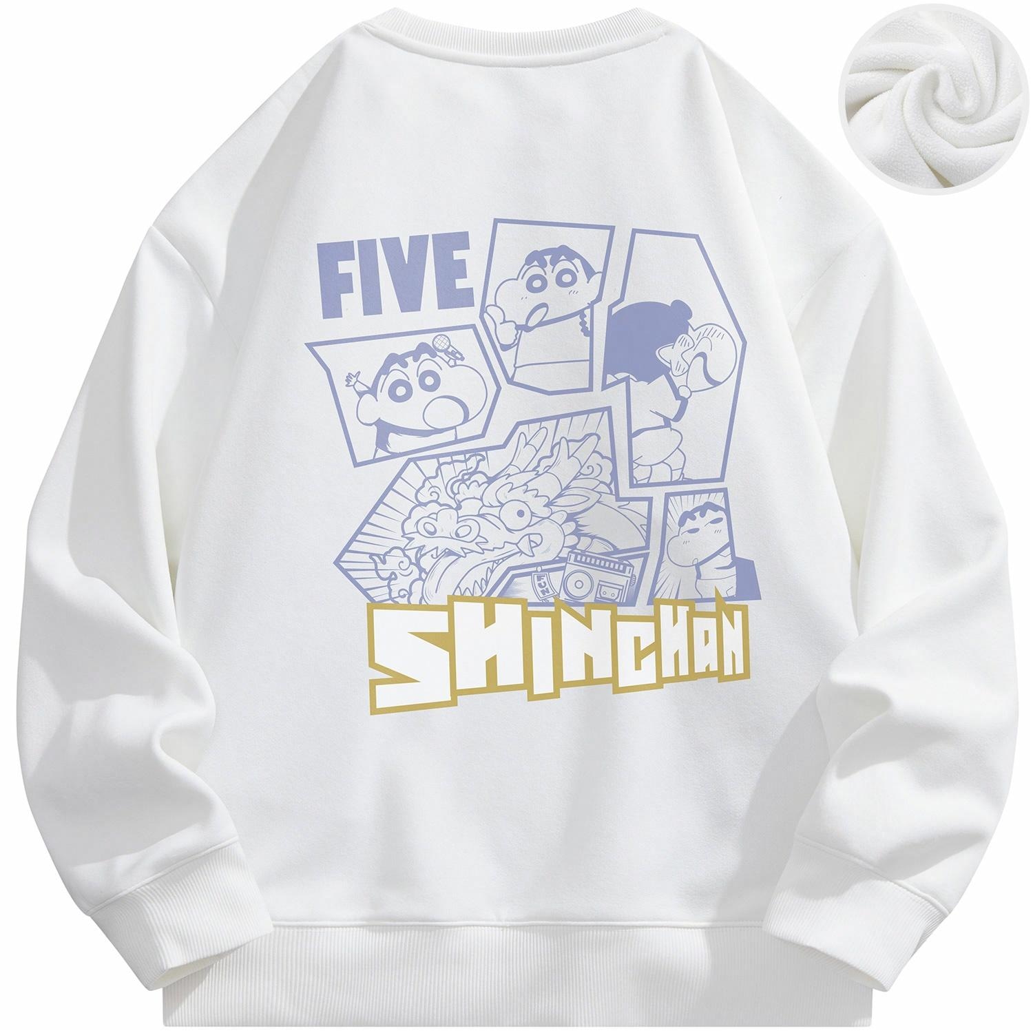 Crayon Shinchan/蜡笔小新 蜡笔小新 卡通中国龙拼接剪影小新字母印花休闲宽松套头圆领卫衣 男女同款