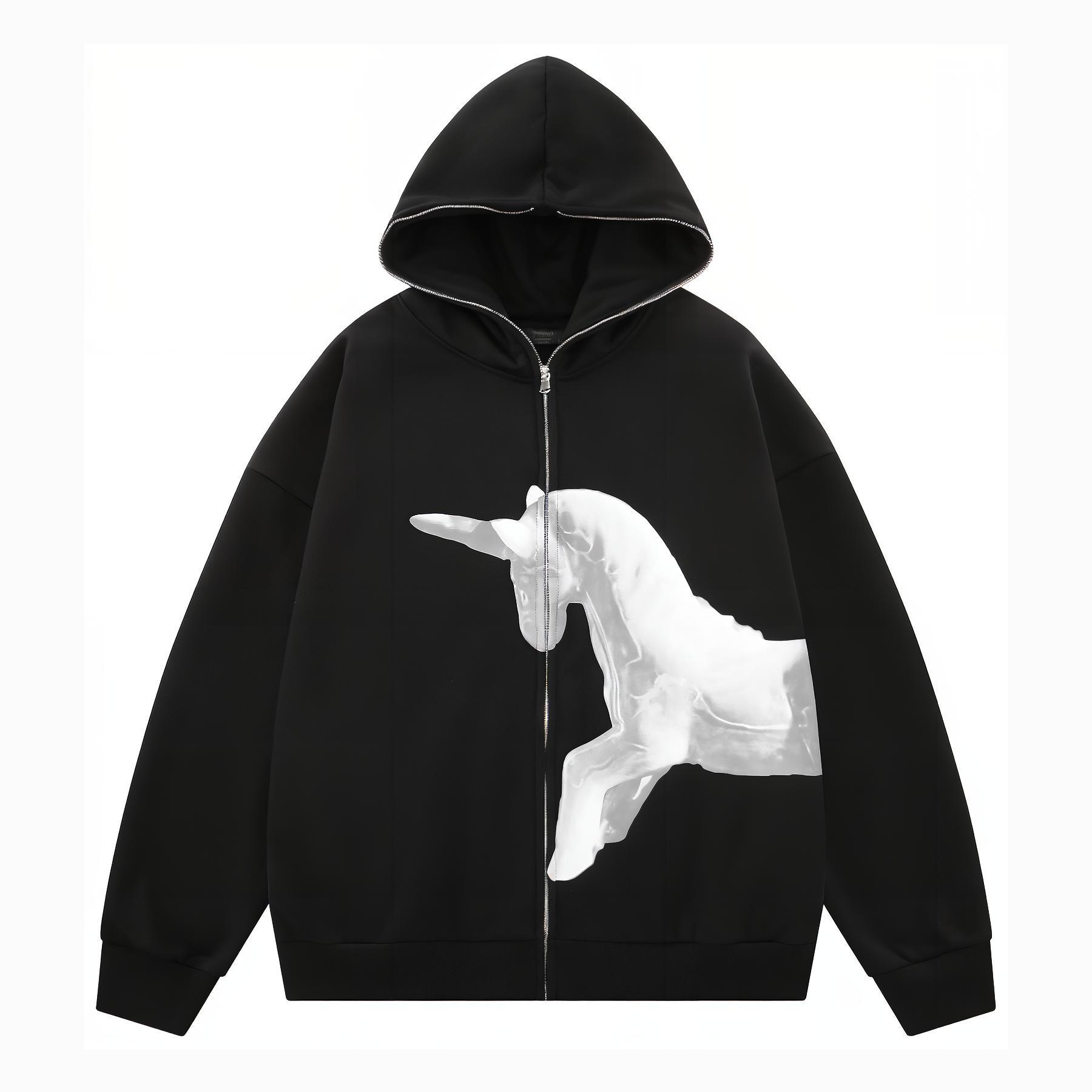 Duamin Unisex Unicorn Print Hoodie Black
