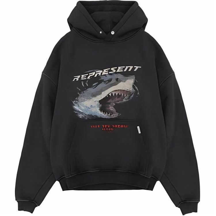 REPRESENT Shark Print Hoodie Black