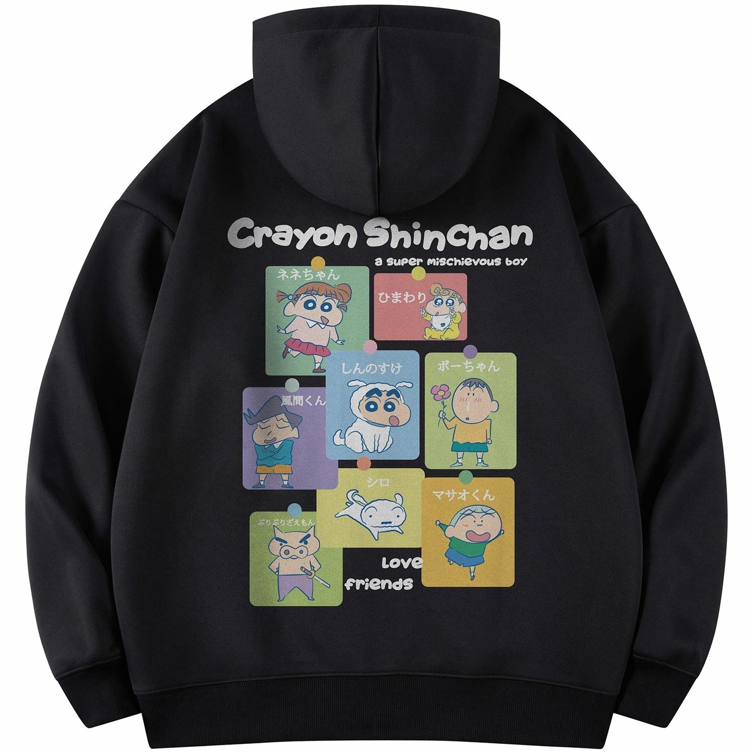 Crayon Shinchan/蜡笔小新 蜡笔小新 趣味卡通人物卡片字母印花休闲宽松拉链连帽开衫卫衣外套 男女同款