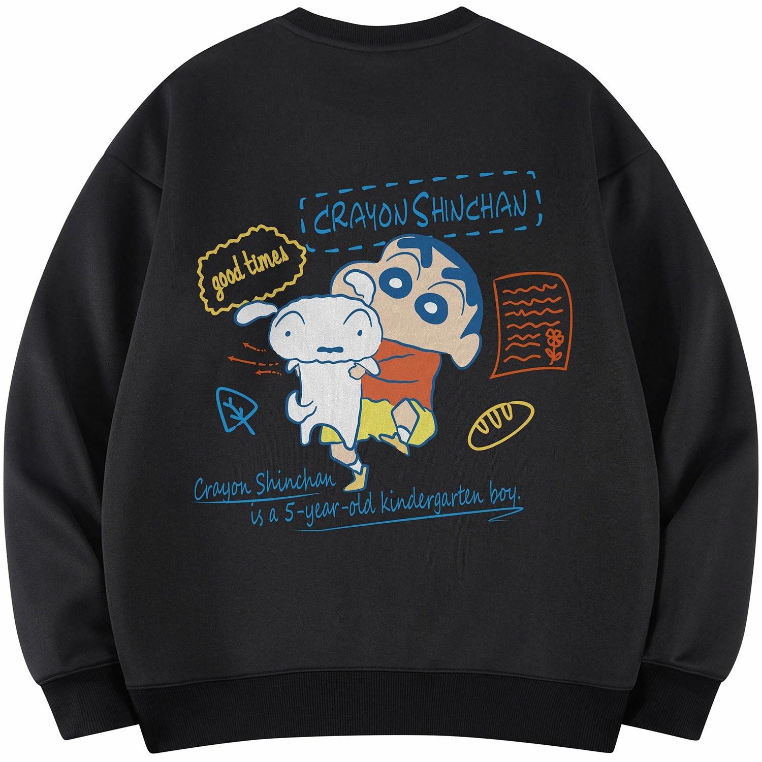 Crayon Shinchan/蜡笔小新 蜡笔小新 卡通趣味人物签名字母印花休闲宽松套头圆领卫衣 男女同款
