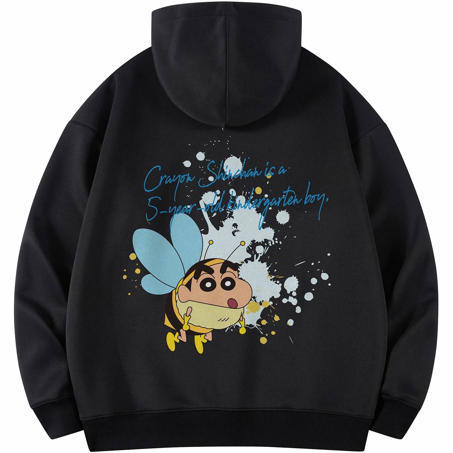 Crayon Shinchan/蜡笔小新 蜡笔小新 卡通蜜蜂小新泼墨字母印花休闲宽松套头连帽卫衣 男女同款