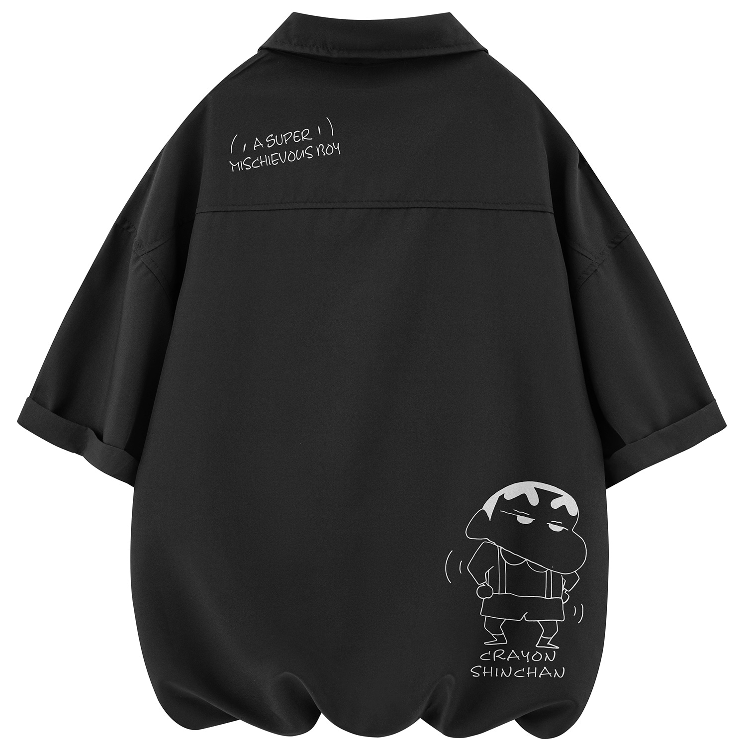 Crayon Shinchan/蜡笔小新 蜡笔小新 冰丝卡通背带裤小新字母印花落肩宽松休闲短袖衬衫 男女同款