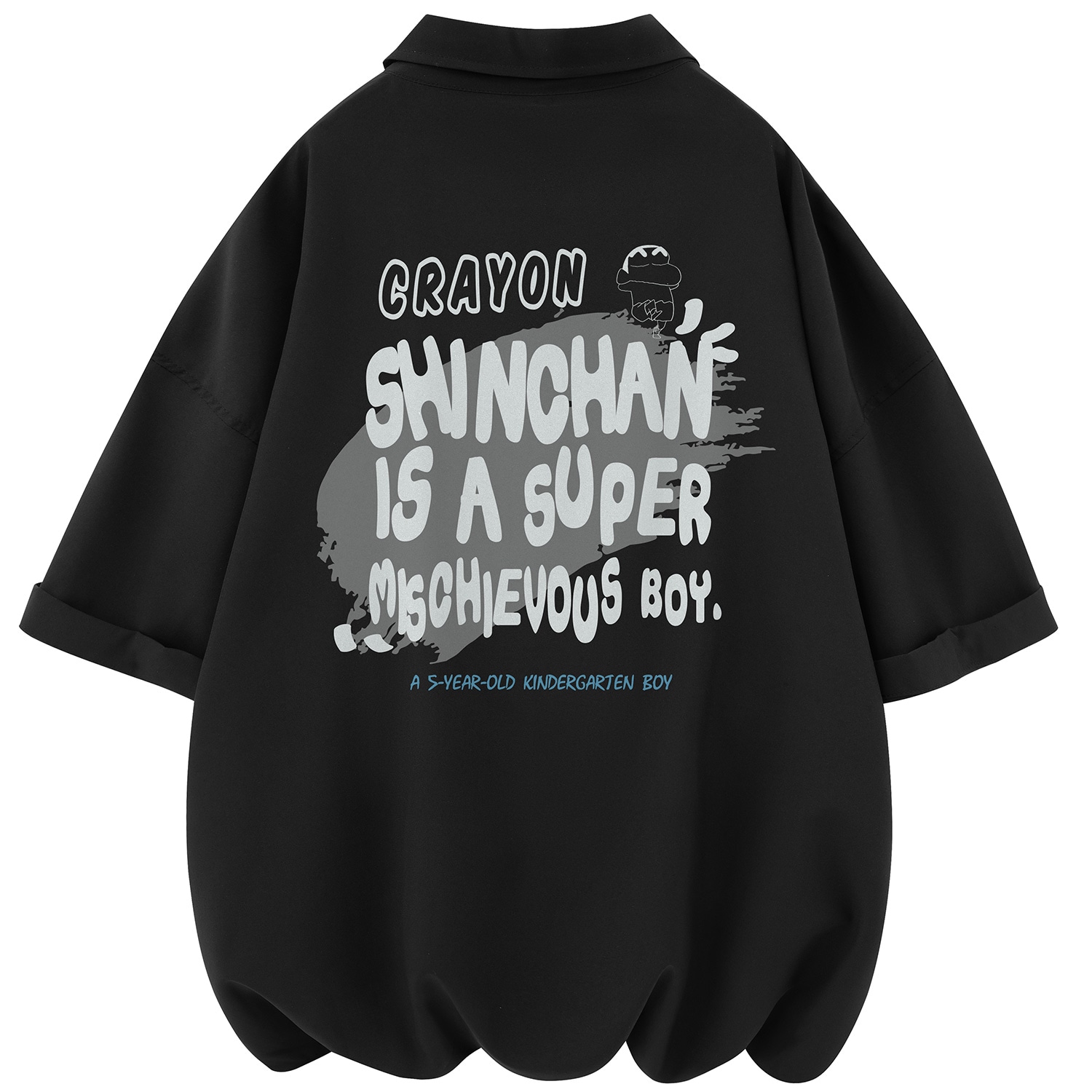 Crayon Shinchan/蜡笔小新 蜡笔小新 卡通小新涂鸦字母印花翻领落肩宽松休闲短袖衬衫 男女同款