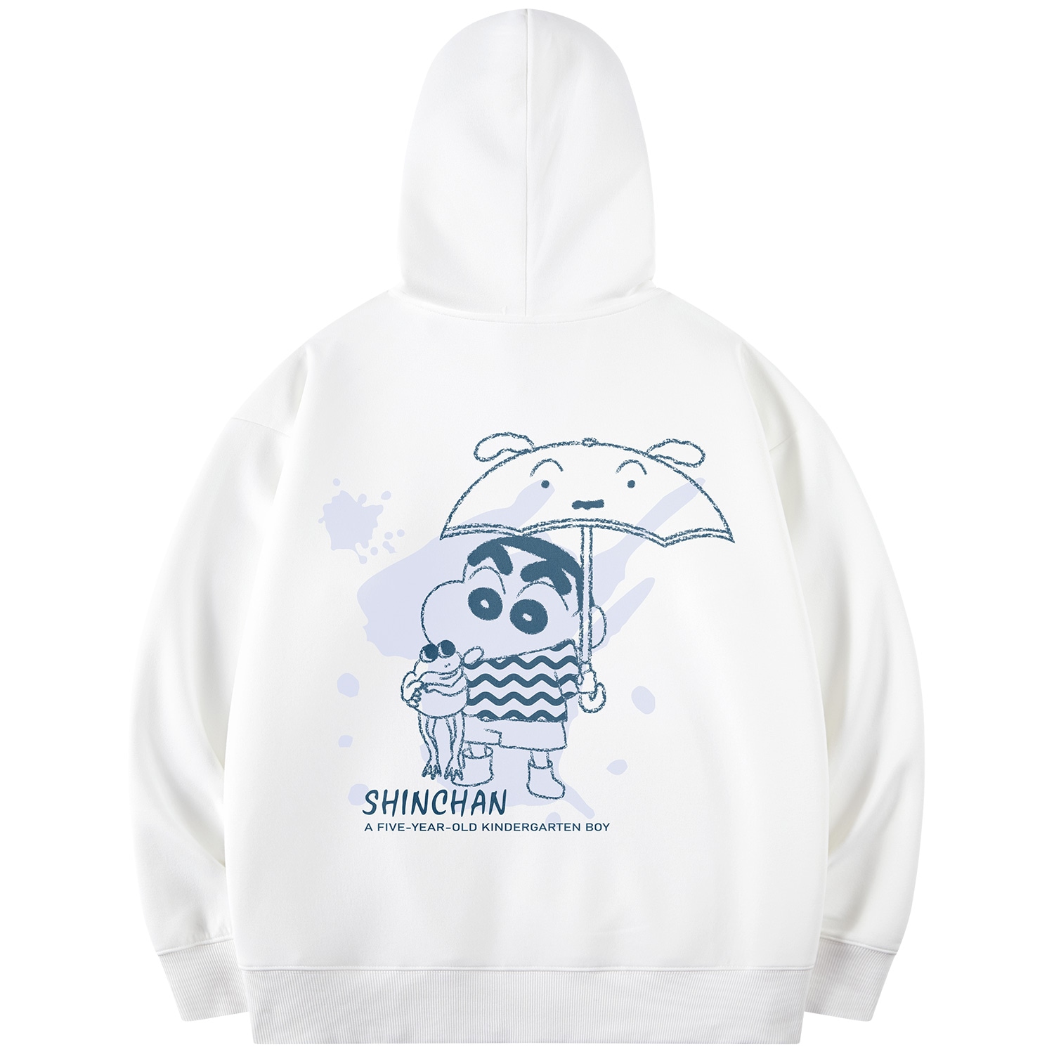 Crayon Shinchan/蜡笔小新 蜡笔小新 卡通撑伞小新泼墨字母印花休闲宽松套头连帽卫衣 男女同款