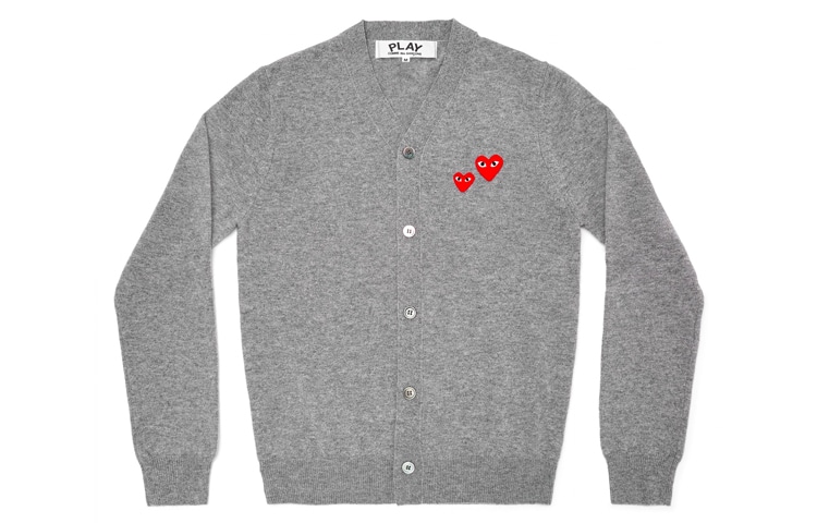 CDG Play Double Heart Logo Wool Cardigan Gray