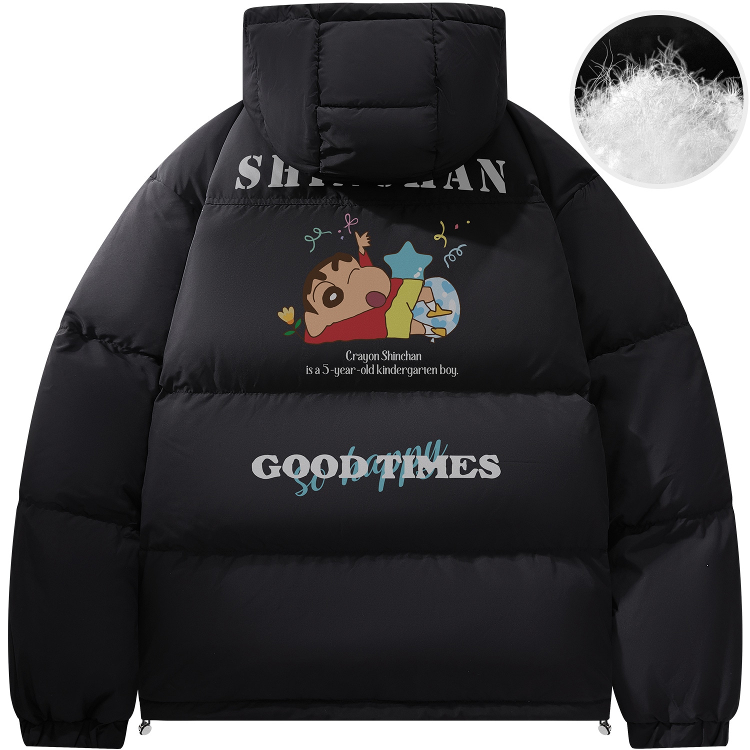 Crayon Shinchan/蜡笔小新 蜡笔小新 趣味卡通字母印花休闲宽松加厚保暖连帽面包羽绒服外套 男女同款