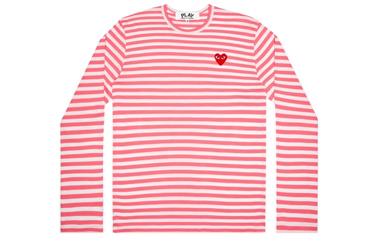 CDG Play Striped Heart Long Sleeve Tee Pink
