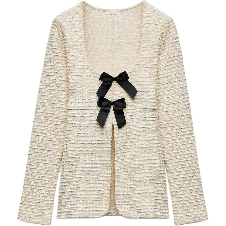 ZARA Bow Detail Textured Hem Long Sleeve Tee Beige