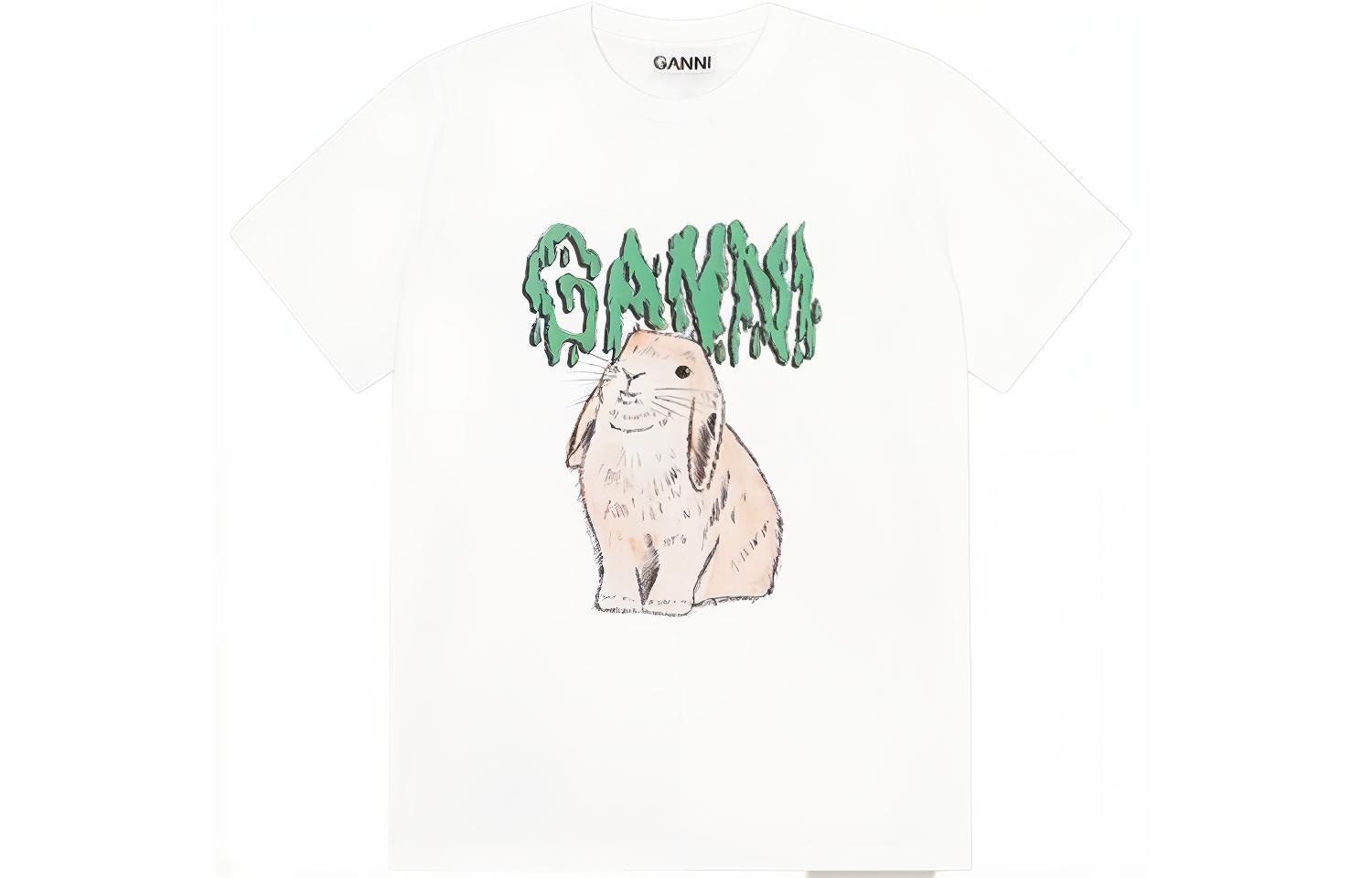 GANNI Bunny Print Crew Neck T-Shirt White
