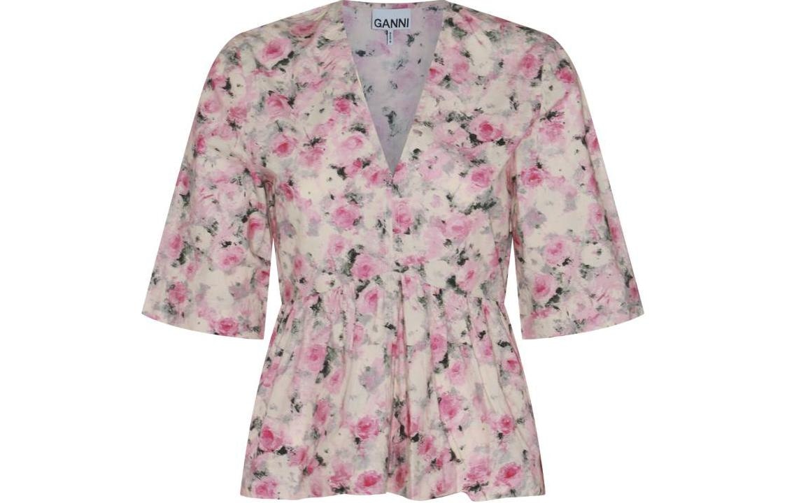 GANNI Printed Cotton V-Neck Peplum Blouse V