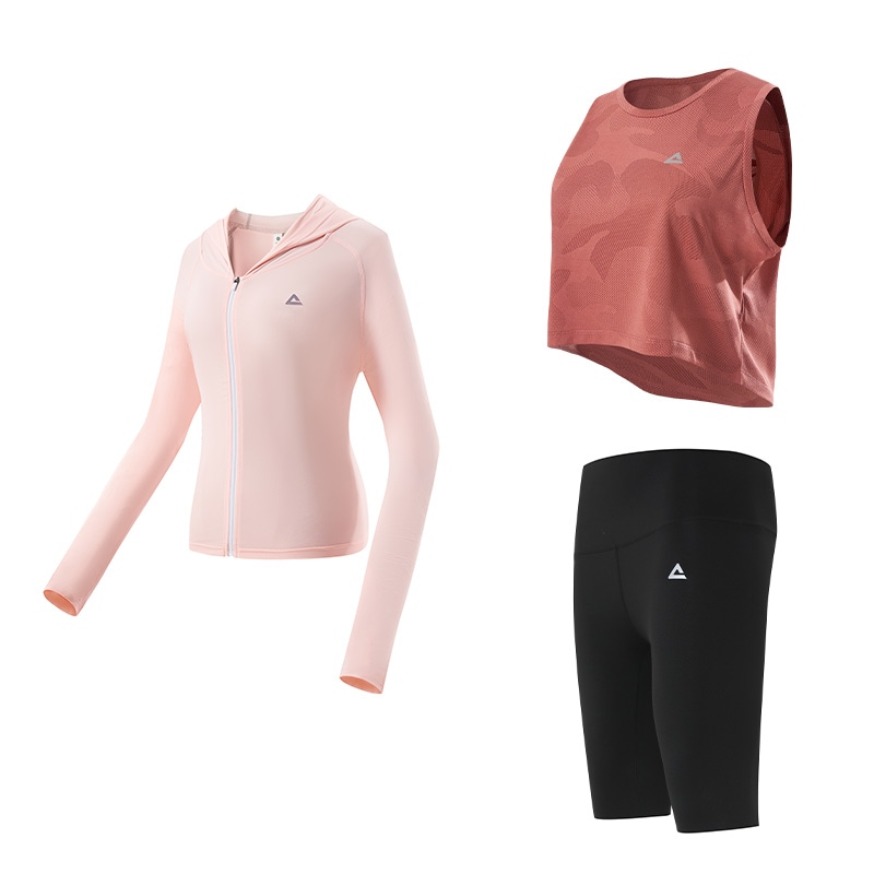 匹克 瑜伽服健身运动服套装 粉色背心五分打底裤三件套 女款