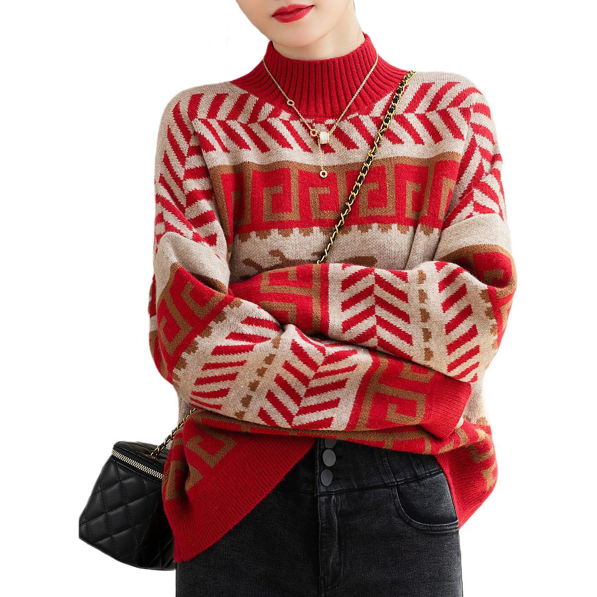 【dme】 圣诞氛围半高领复古内搭加厚长袖针织衫 女款 红色