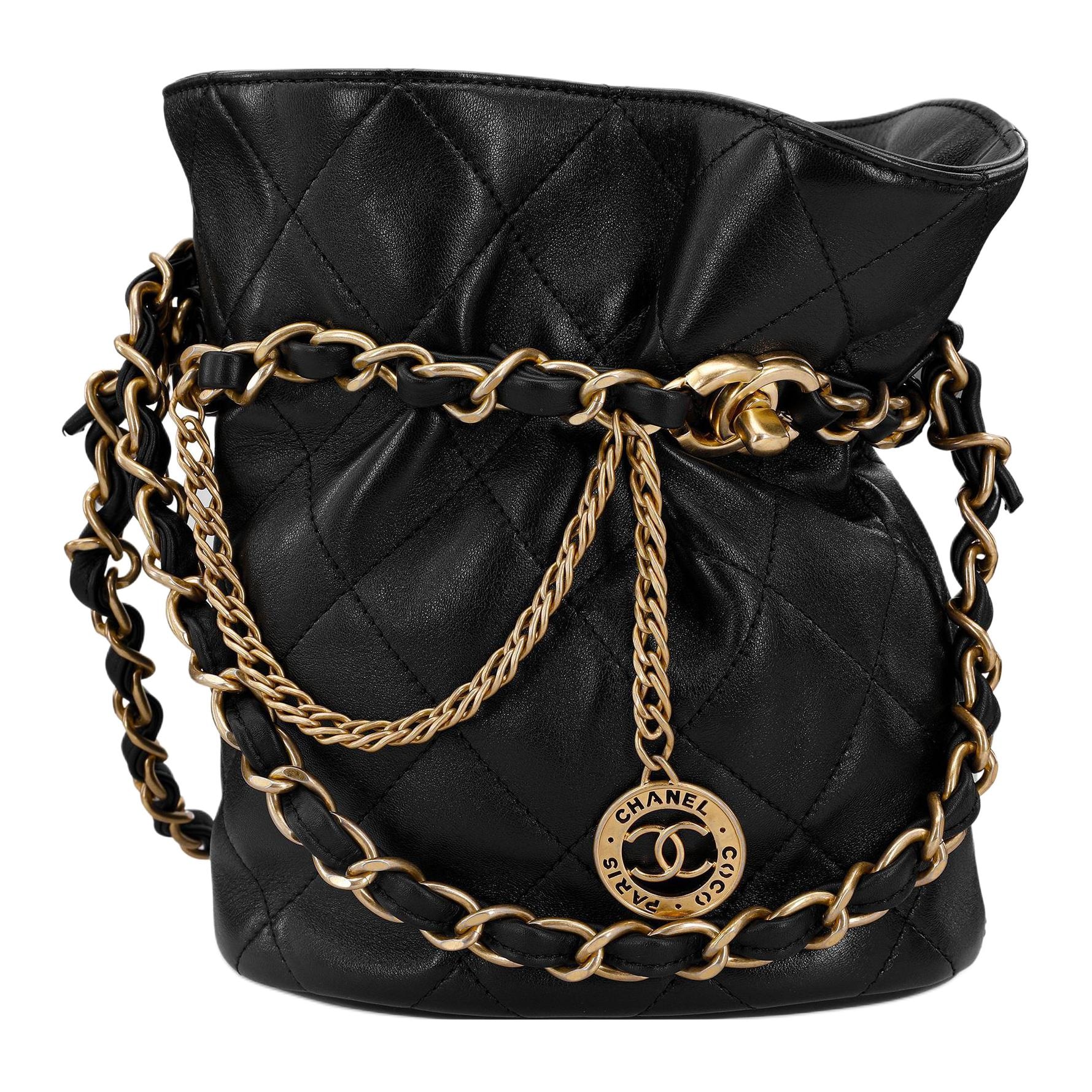 CHANEL Bucket Bag Small Black Lambskin Quilted Chain