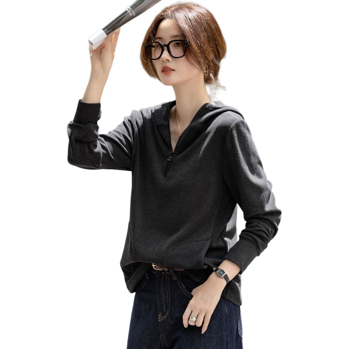【dme】 秋季韩风连帽半开拉链宽松弹力包容小个子休闲日常通勤卫衣 女款