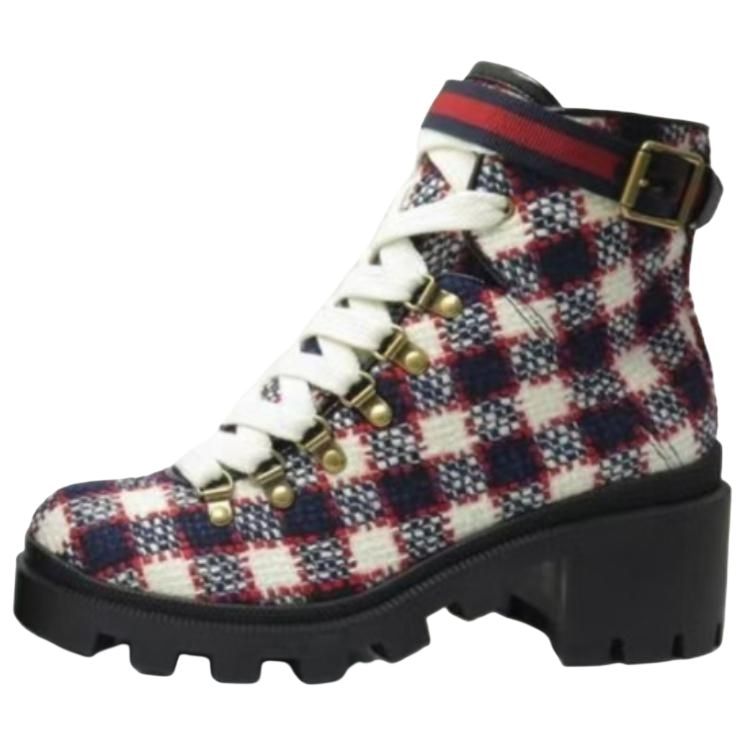 GUCCI/古驰 Gucci Round Toe Lace-Up Boots White Red Blue