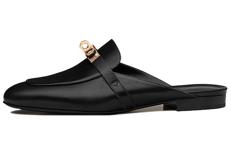 HERMES/爱马仕 Hermes Oz Lambskin Logo Slip-On Mules Black