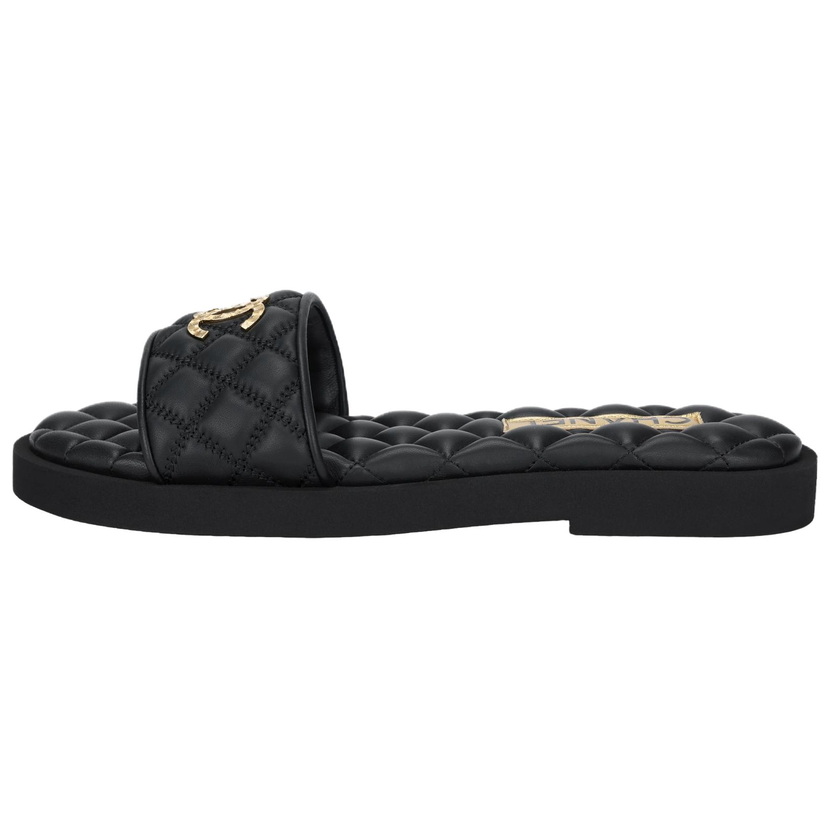 CHANEL Leather Open Toe Flat Sandals Black